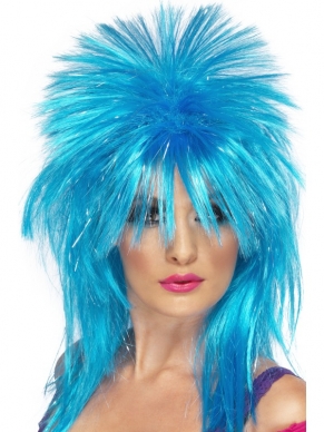 Blauwe Sparkle Rock Diva Pruik met een matje.
Om je 80's outfit af te maken!