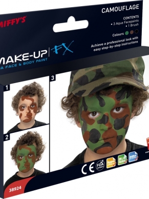 Camouflage Make-up kit met 3 kleuren en een kwast. Stap voor stap uitgelegd. 
Perfect om je leger outfit af te maken!