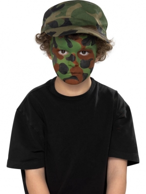 Camouflage Make-up kit met 3 kleuren en een kwast. Stap voor stap uitgelegd. 
Perfect om je leger outfit af te maken!