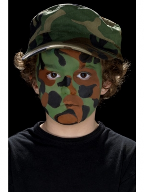 Camouflage Make-up kit met 3 kleuren en een kwast. Stap voor stap uitgelegd. 
Perfect om je leger outfit af te maken!