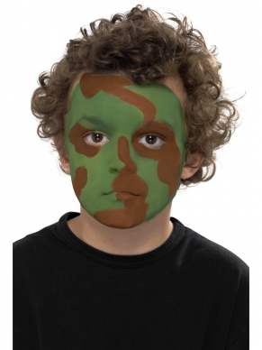 Camouflage Make-up kit met 3 kleuren en een kwast. Stap voor stap uitgelegd. 
Perfect om je leger outfit af te maken!