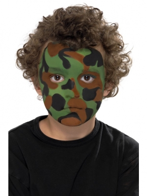 Camouflage Make-up kit met 3 kleuren en een kwast. Stap voor stap uitgelegd. 
Perfect om je leger outfit af te maken!