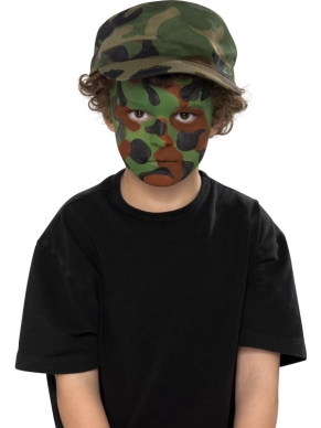 Camouflage Make-up kit met 3 kleuren en een kwast. Stap voor stap uitgelegd. 
Perfect om je leger outfit af te maken!