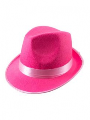 Roze trilbyhoed voor met satijnen lint.