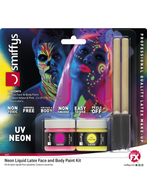 Creëer de mooiste creaties met deze Neon Liquid Latex Kit. Deze kit bestaat uit roze en gele UV make-Up, en twee spons aplicators
Inhoud: 29.57ml