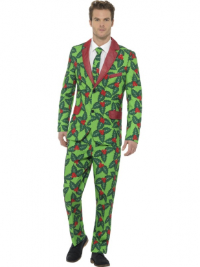 Holly Berry Kostuum, bestaande uit een Rood/Groen jasje met broek en een bijpassende stropdas. Leuk te combineren met de Holly Berry Santa Muts.