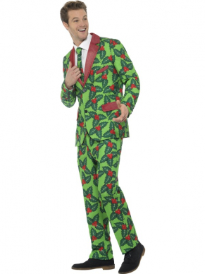 Holly Berry Kostuum, bestaande uit een Rood/Groen jasje met broek en een bijpassende stropdas. Leuk te combineren met de Holly Berry Santa Muts.