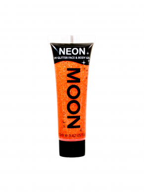 Neon Oranje Face & Body Glitter Paint, direct op te brengen vanuit de tube. Verkijgbaar in verschillende neon kleuren.