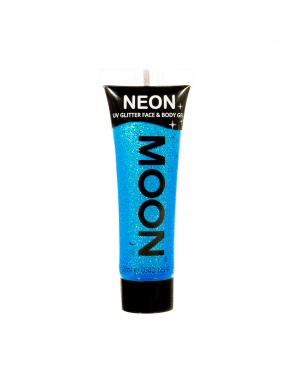 Neon Blauwe Face & Body Glitter Paint, direct op te brengen vanuit de tube. Verkijgbaar in verschillende neon kleuren.