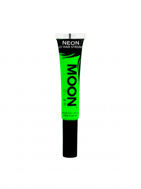 Neon Groene Hair Streaks Gel, direct op te brengen vanuit de tube dmv een handig borsteltje. Verkrijgbaar in verschillende neon kleuren.