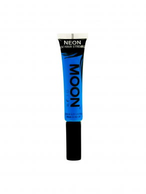 Neon Blauwe Hair Streaks Gel, direct op te brengen vanuit de tube dmv een handig borsteltje. Verkrijgbaar in verschillende neon kleuren.