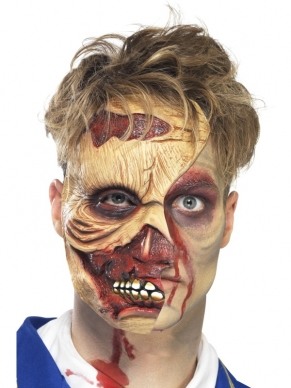 Zombie Phantom Half Gezichtsmasker. Latex gezichtsmasker met open wonden. Gebruik een van onze halloween schmink setjes om de rest van het gezicht te schminken. 