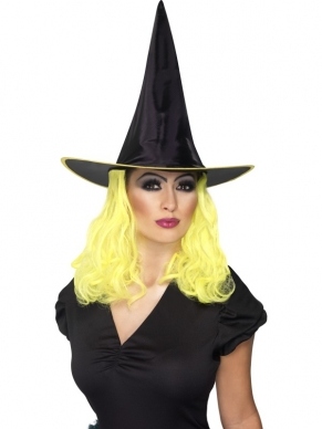 Zwart met Gele Heksenhoed met Haar Halloween. Zwarte heksenhoed met geel haar. 