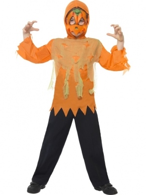 Pompoen Monster Halloween Kinder Verkleedsetje. Inbegrepen is het masker en de cape/shirt. Leuk voor Halloween. 