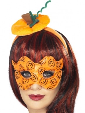 Pompoen Hoedje en Oogmasker Halloween: pompoen hoedje op haarband en oranje oogmasker met pompoen print. Leuk voor Halloween!