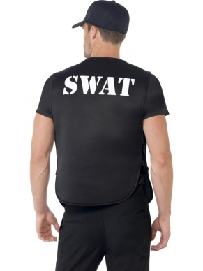 SWAT Heren Verkleedset 2-delig. Inbegrepen is het zwarte Swat kogelvrije vest en de zwarte pet met SWAT