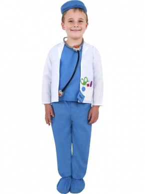 Dokter Dierenarts Meisjes Verkleedkleding. Leuk compleet kostuum met het blauwe shirt en de blauwe broek, het witte jasje, het blauwe mutsje, de schoenhoezen en de badges. Leuk verkleed als dokter of als dierenarts.