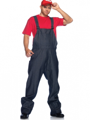 3-delig Super Plumber Loodgieter Heren Verkleedkostuum. Inbegrepen is de blauwe overall, het rode shirt en de rode pet. Leuk voor Carnaval. 