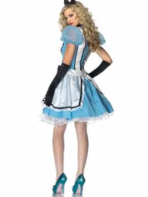 2PC. Tea Time Alice Costume Set With Satin Apron Dress Sheer Puff Sleeves And Headband