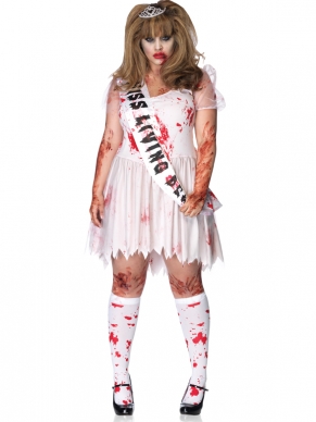 Deze horror prom queen heeft het helaas niet overleefd tijdens het laatste feestje op het eindbal. Ondanks alles is ze toch nog gekroond tot prom queen. Een echte griezel outfit voor tijdens Halloween of een andere spannende avond waarbij het thema horror is. Het kostuum bestaat uit drie delen en wordt dus helemaal compleet geleverd.