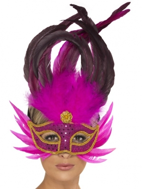 Bright Pink Feathered Oogmasker - prachtig roze oogmasker met gouden rand en glitter stippen en verschillende soorten roze veren.