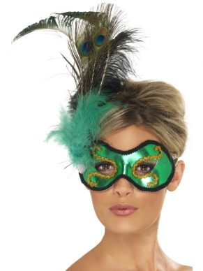 Emerald Peacock Oogmasker - groen oogmasker met zwarte rand, goud dessin en groene en pauwen veren.