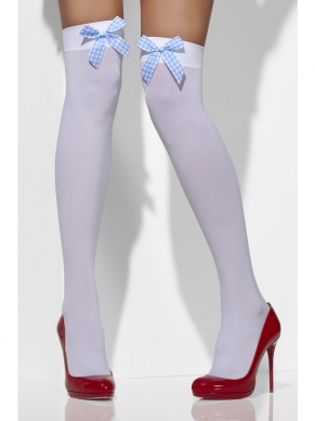 Witte Opaque Hold-Ups met Katoenen Strik - goede kwaliteit kousen die verkrijgbaar is in 1 maat (one size fits most). Leuke kousen voor onder diverse kostuums!